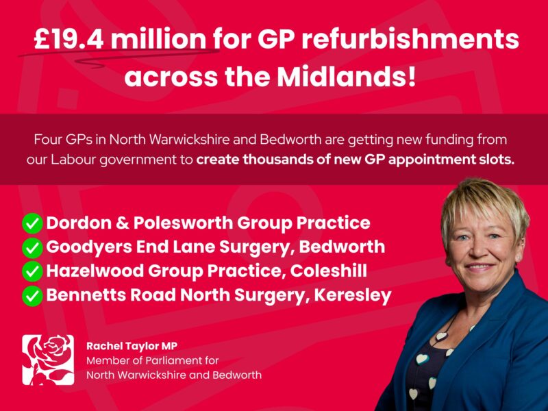 Graphic by Rachel Taylor MP announcing funding for four local GP practices