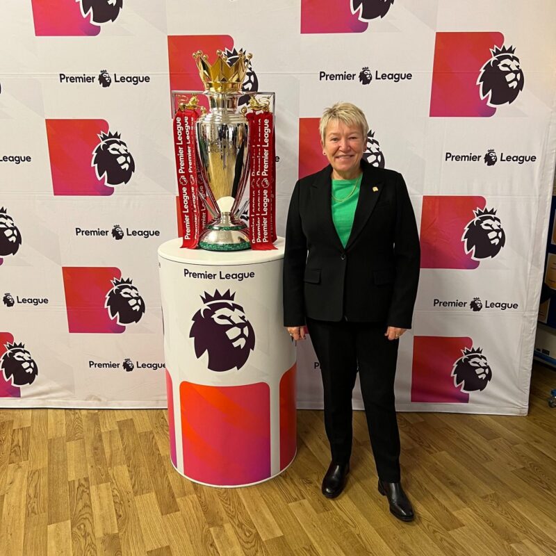 Rachel with the Premier League Trophy to Bournebrook C Of E Primary School 