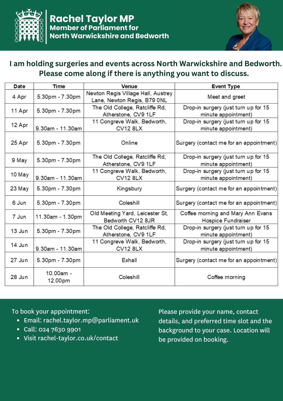 Schedule for Rachel Taylor MP