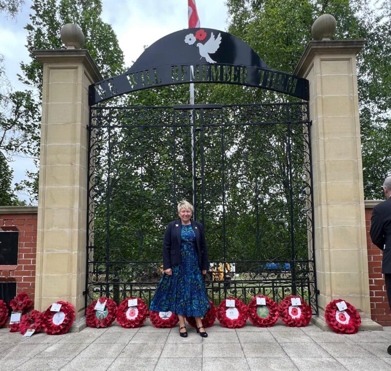 Rachel at the Bedworth Armistice Memorial to mark the 80th Anniversary of VE Day