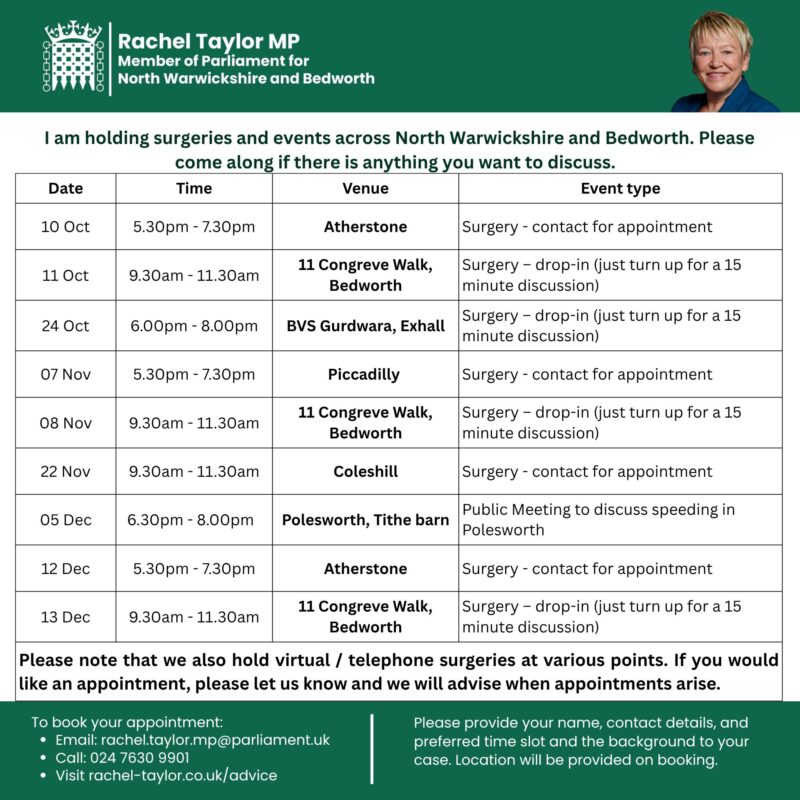 Schedule for Rachel Taylor MP