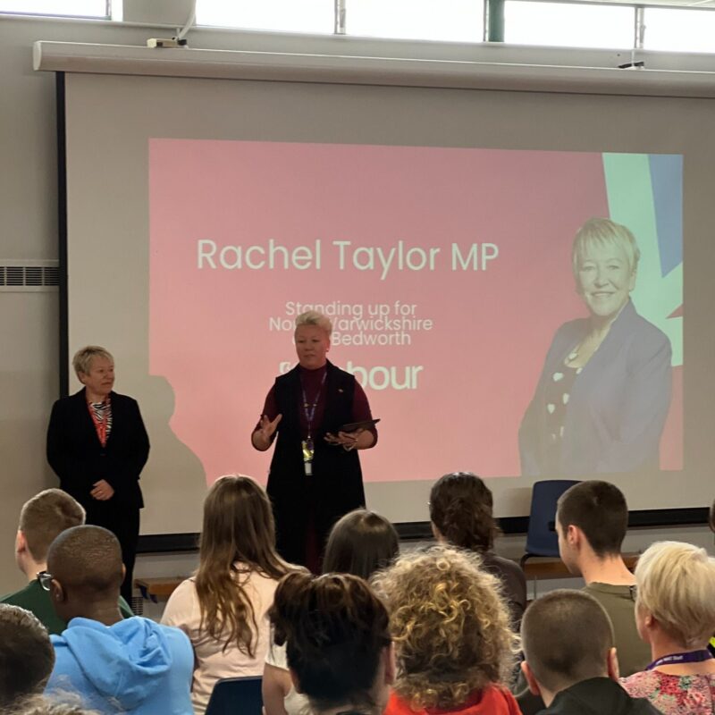 Rachel talking to students at Woodlands School