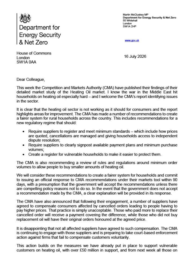 Page 1 of the ministerial update on heating oil.