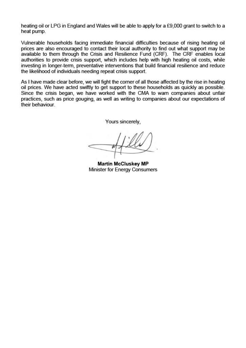 Page 2 of the ministerial update on heating oil.