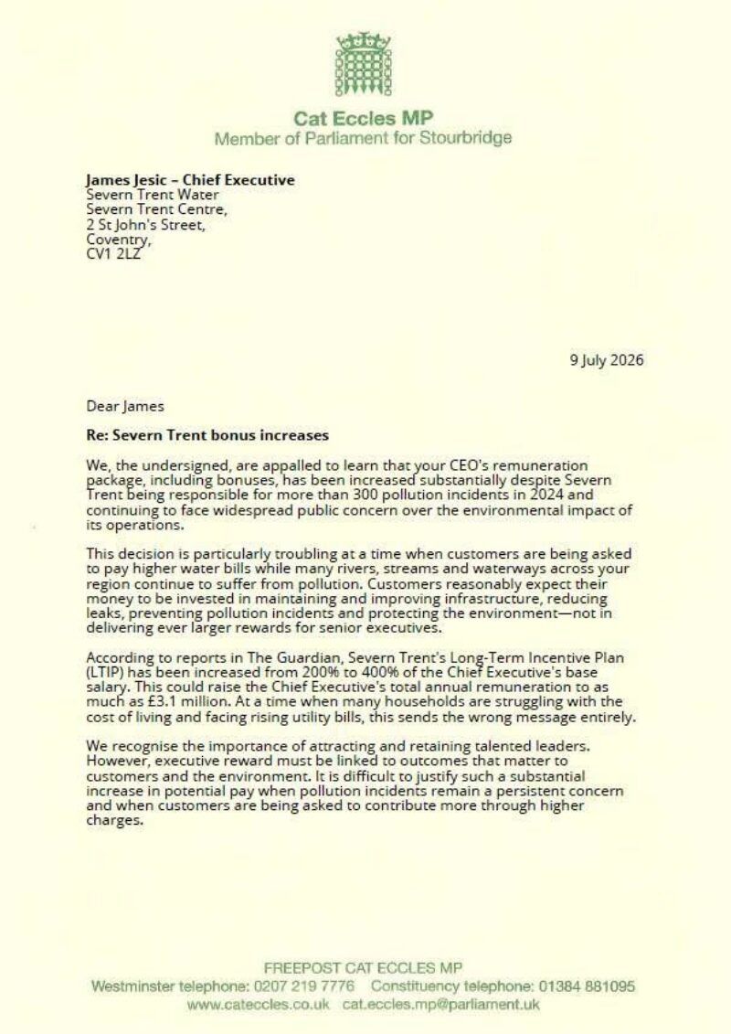 Page one of the letter Rachel co-signed to James Jesic, Chief Executive of Severn Trent Water