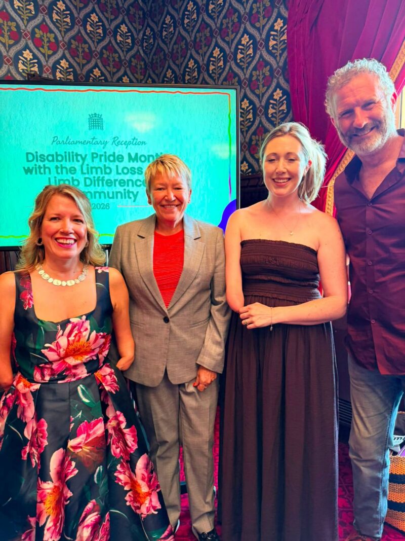 Rachel with Marie Tidball MP and Adam Hills at the Limb Loss and Limb Difference Parliamentary Reception 