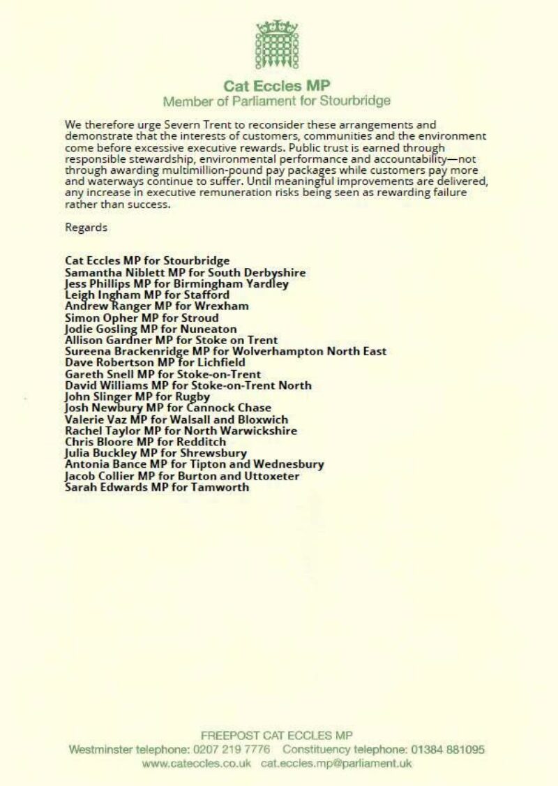 Page two of the letter Rachel co-signed to James Jesic, Chief Executive of Severn Trent Water