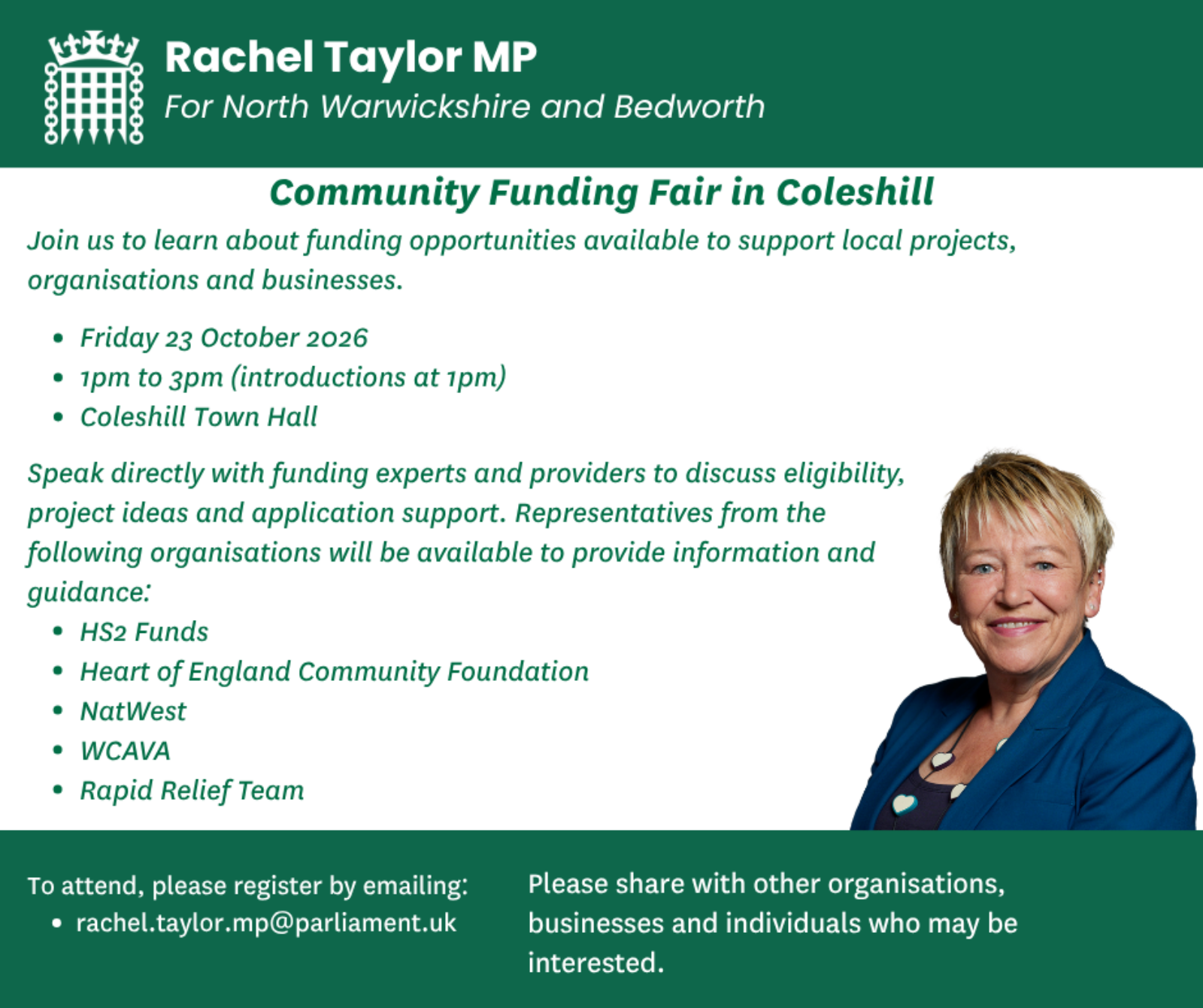 Rachel is holding a Community Funding Fair from 1pm to 3pm 